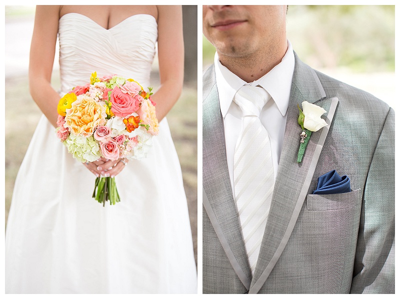 Coral, pink, peach, yellow, and green wedding flowers