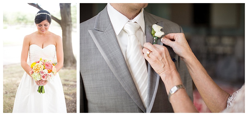 Coral, pink, peach, yellow, and green wedding flowers