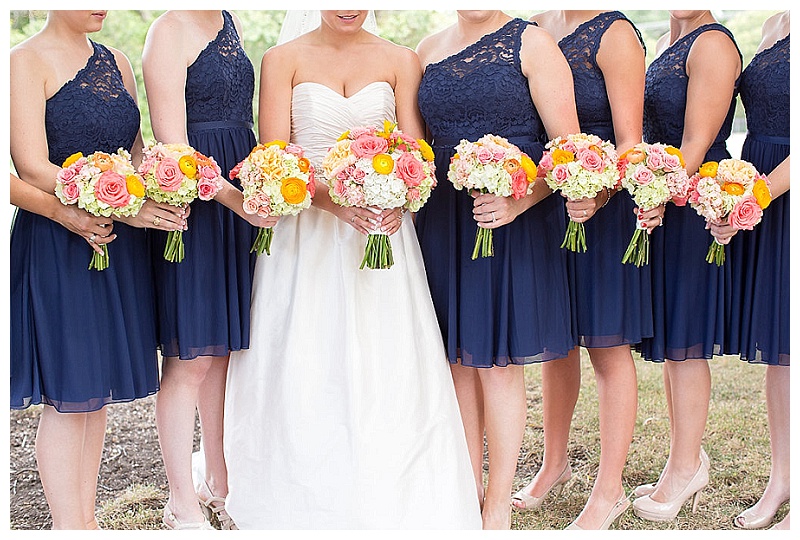 Coral, pink, peach, yellow, and green wedding flowers