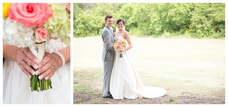 Coral, pink, peach, yellow, and green wedding flowers