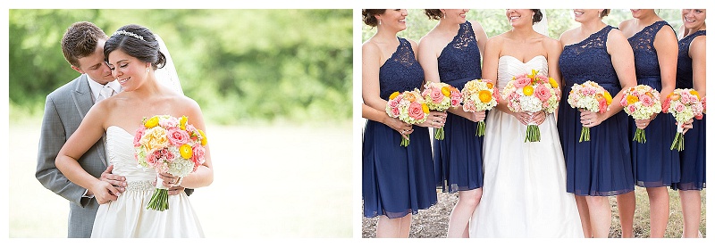 Coral, pink, peach, yellow, and green wedding flowers