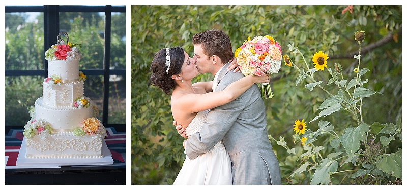 Coral, pink, peach, yellow, and green wedding flowers