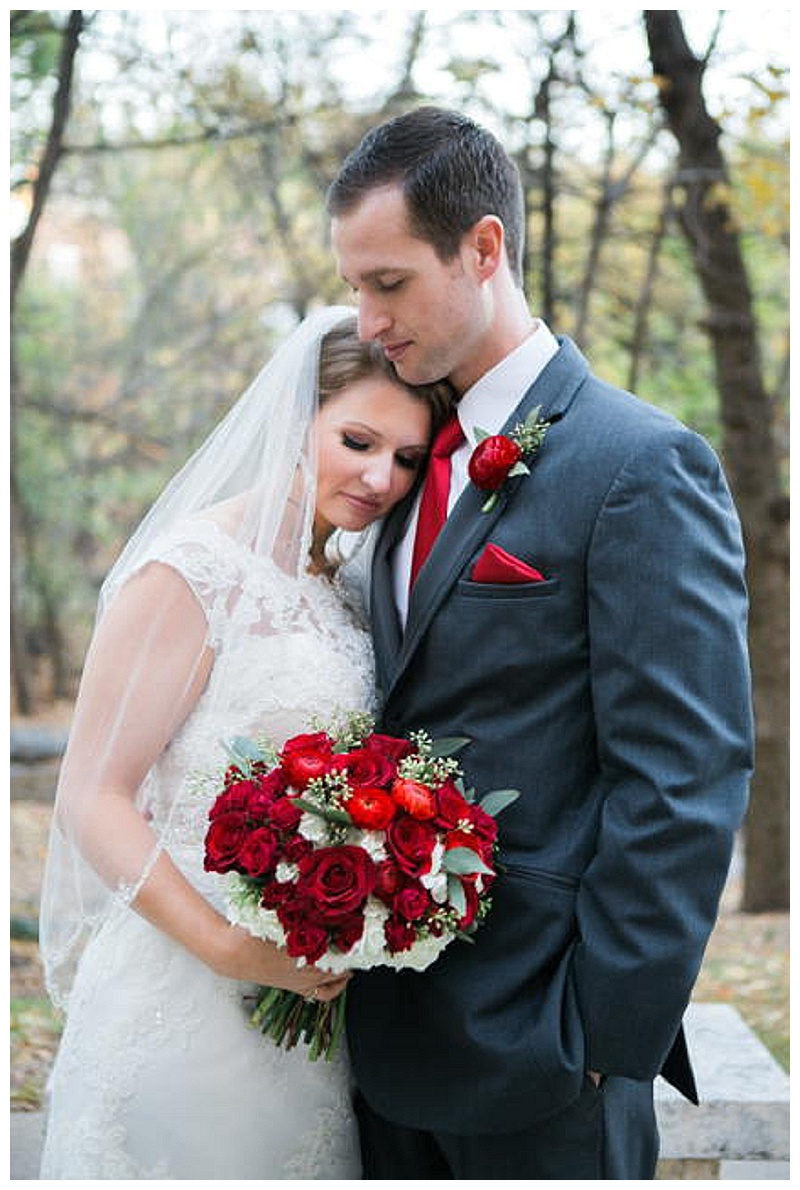 Deep red, green, and white wedding flowers Dallas