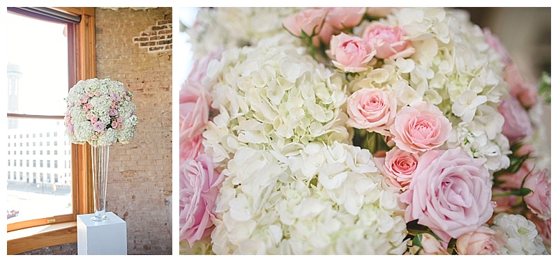 Traditional white and blush dallas wedding flowers at the Old Red Museum